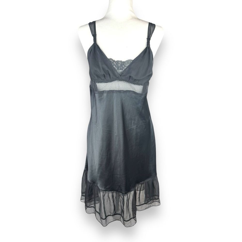 Victoria's Secret Black Satin Slip Dress with Lace Trim